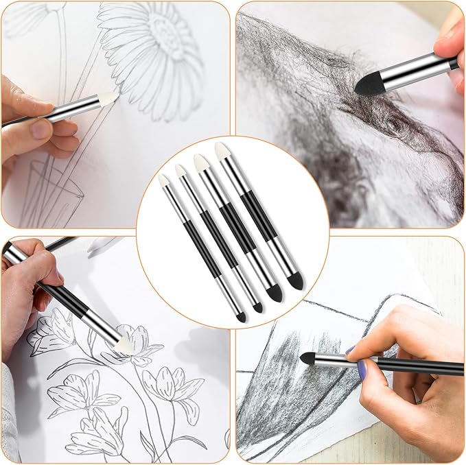 4pcs Blending Sponge Pen Double Headed Washable Rubbing Sponge Brush Reusable Sketch Wipe Drawing Art Blending Tools for Artist Highlight Shadow Detail Correcting