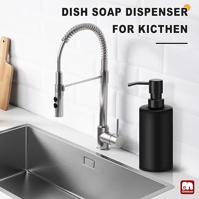 GMISUN Black Soap Dispenser, Hand Soap Dispenser for Bathroom, Dish Dispenser for Kitchen, 12 fl oz/350ml Glass Soap Bottle with Stainless Steel Pump, Modern Refillable Liquid Lotion Dispenser