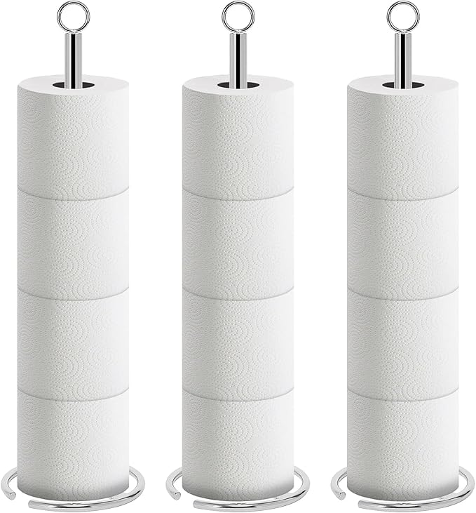 NearMoon Bath Toilet Paper Holder Stand, Freestanding Tissue Paper Storage with Reserve, Space Toilet 4 Rolls Holder for Bathroom/Kitchen Countertop-All Metal (3 Pack, Chrome Finish)