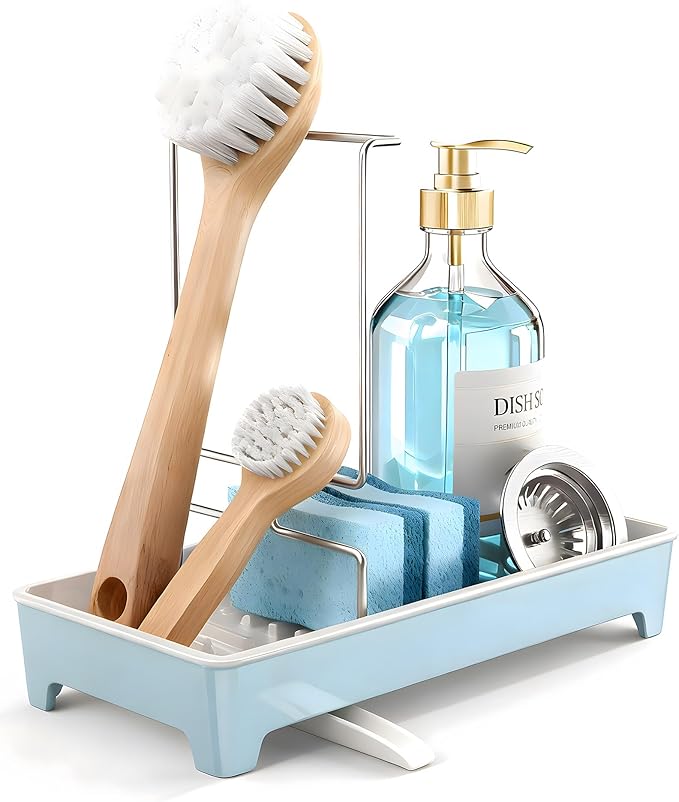 Minimalist Sink Caddy, Rustproof Sponge Holder for Kitchen Sink with 304 Stainless-Steel Brush Holder, Countertop Rack Organizer with Raised Ridges & Silicone Drain Tube (Pastel Blue)