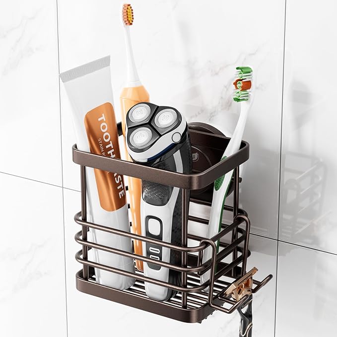 TAILI Patented Suction Cup Toothbrush Holder, Stainless Steel Anti-Puddling Toothbrush Shower Holder, No Drilling Removable Organizer for Bathroom Toothpaste, Razor, Kitchen and Office Items, Brown