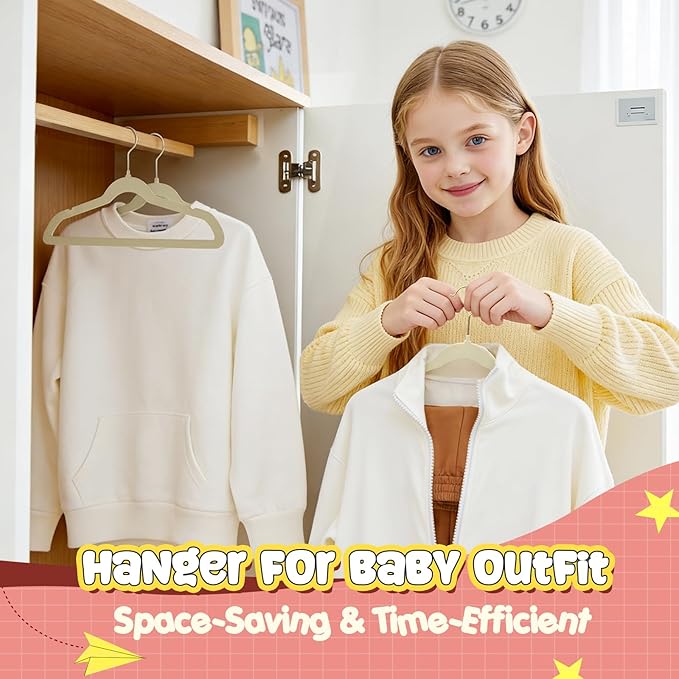 Korpai 50 Pack Kids Velvet Hangers 14 Inch, Non-Slip, Ultra Slim,Space-Saving Kids Hangers with 360° Swivel Hook, 7LBS Capacity, Kids Clothes Hangers Ideal for Youth's Dresses/Shirts/Coats, Beige