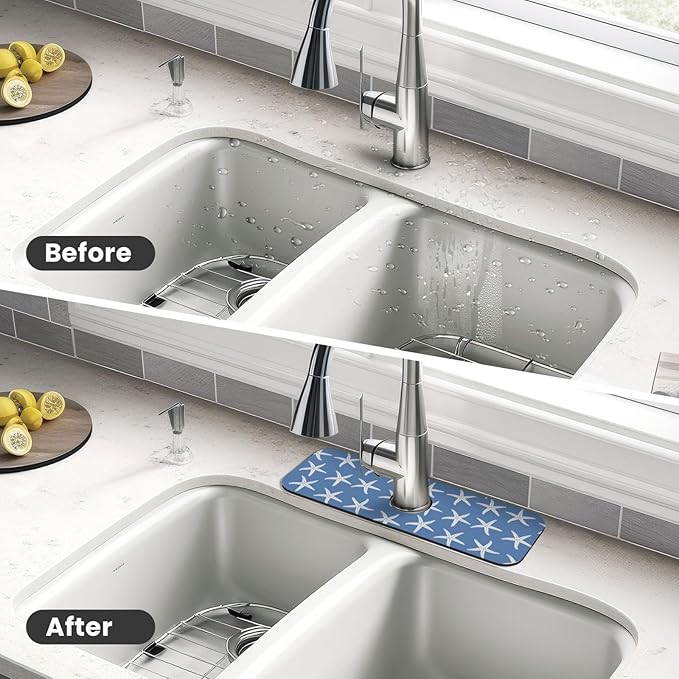 Blue Starfish Abstract Coastal Beach Nautical Ocean Kitchen Sink Splash Guard Faucet Mat Super Absorbent Fast Drying Mat Sink Gadgets-Fast Drying Pad Sink Mat For Kitchen Bathroom (15" X 5.5" )