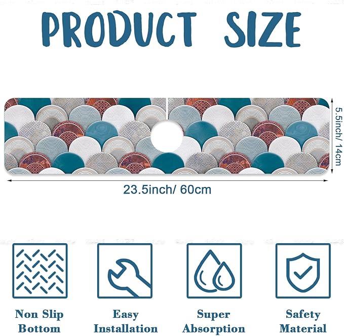 Wall Tiles Texture Sink Faucet Absorbing Mat Ceramic Decor Super Absorbent Fast Drying Mat Sink Gadgets Behind Faucet Sinkmat for Kitchen Bathroom, 23.5"x5.5"