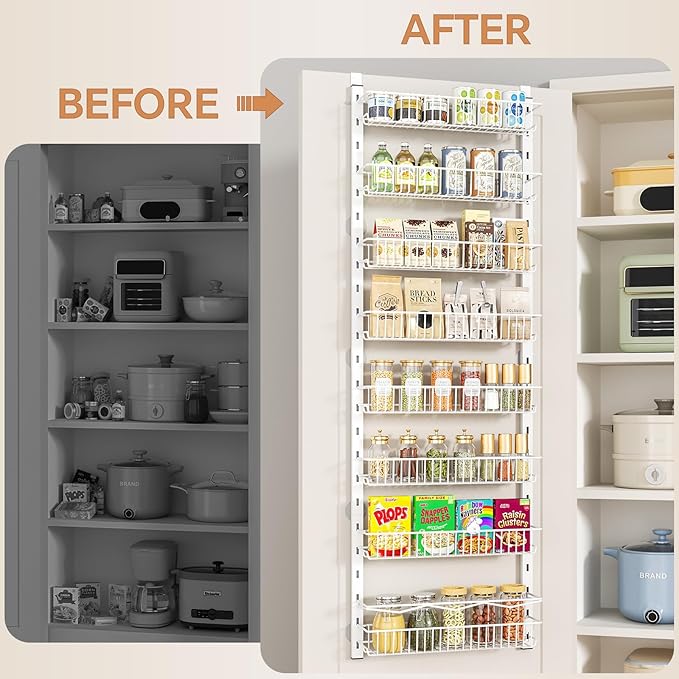 MIAOLI Over the Door Pantry Organizer, 8-Tier Adjustable Spice Rack Cabinet Door Shelves, Hanging Seasoning Organizer for Kitchen Bathroom, Laundry Room Organization, White