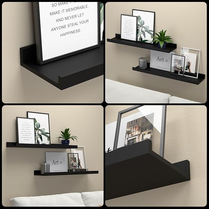 RICHER HOUSE 3 Set Floating Shelves for Wall, 16 inches Black Wall Mounted Shelves with Lip for Storage, Display Picture Ledge Shelf for Bedroom Bathroom Kitchen Living Room Decor, Modern Black