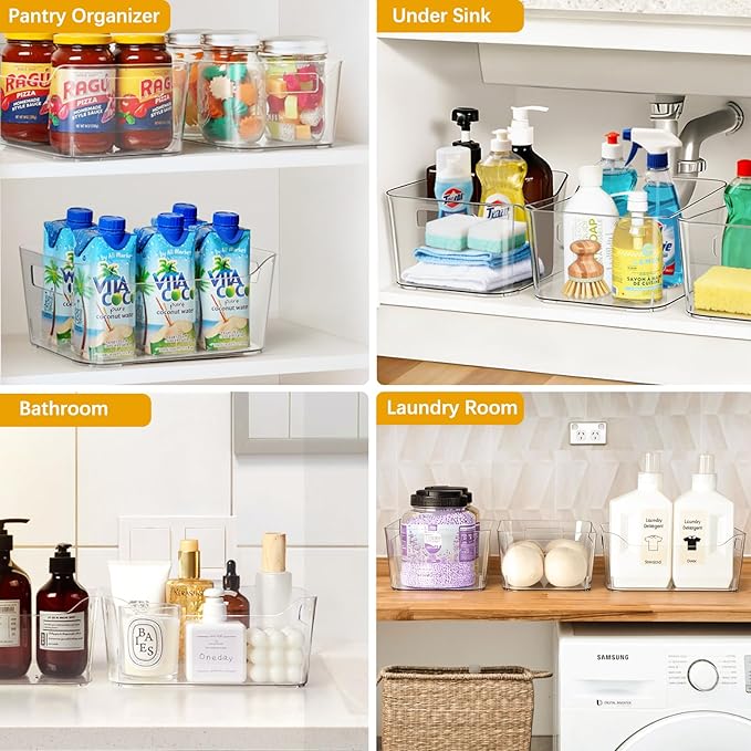 Hudgan 12 Pack Clear Pantry Organizer Bins, Plastic Storage Bins for Fridge, Plastic Pantry Organizer Containers for Home, Kitchen Cabinet, Bathroom Shelf, Under Sink and Closet