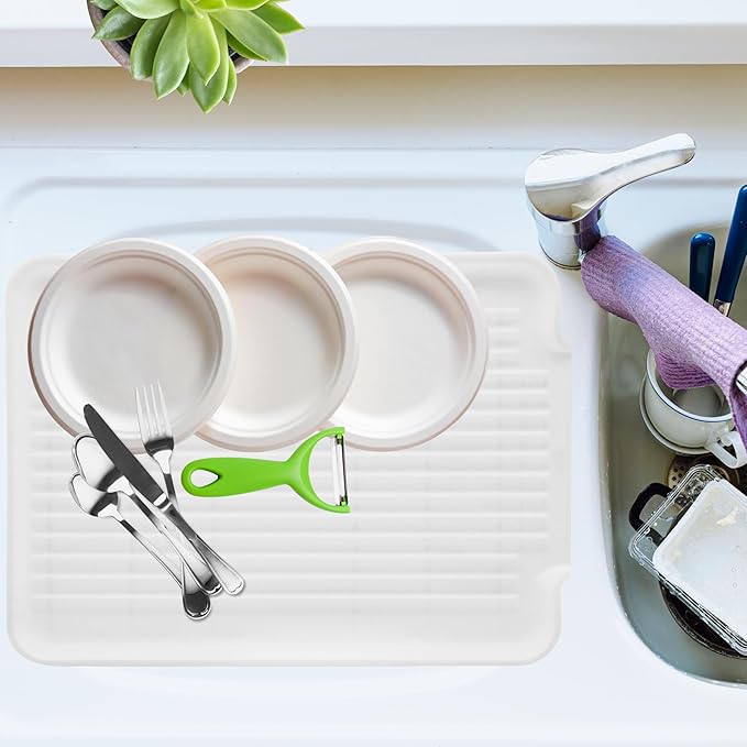 Oggi Dish Drain Board and Drying Rack Tray for Kitchen Counter, Plastic Drainboard with Raised Ridges, 12.75 x 17.25 inches - White