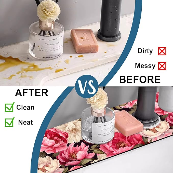 Garden Flowers Kitchen Sink Splash Guard Faucet Mat Watercolor Peonies Super Absorbent Fast Drying Mat Sink Splash Guard Behind Faucet for Kitchen Bathroom, 23.5"x5.5"