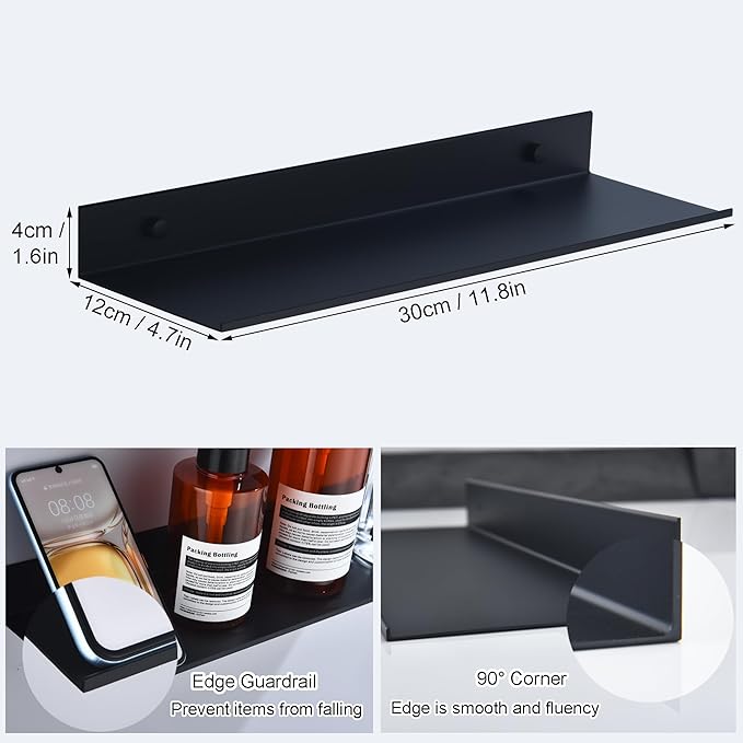 HNVNER Adhesive Shower Caddy 2 Pack, Metal Shower Shelves for Inside Shower 30cm, Black Bathroom Shelves Wall Mounted, No Drilling Bathroom Organizer