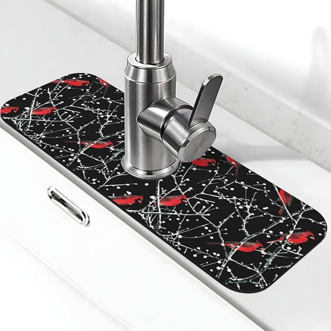 Faucet Draining Mat For Kitchen Sink, Red Bird Winter Red Cardinals Diatom Mud Absorbent Drain Pad For Bathroom Kitchen Sink Splash Guard Drying Mat