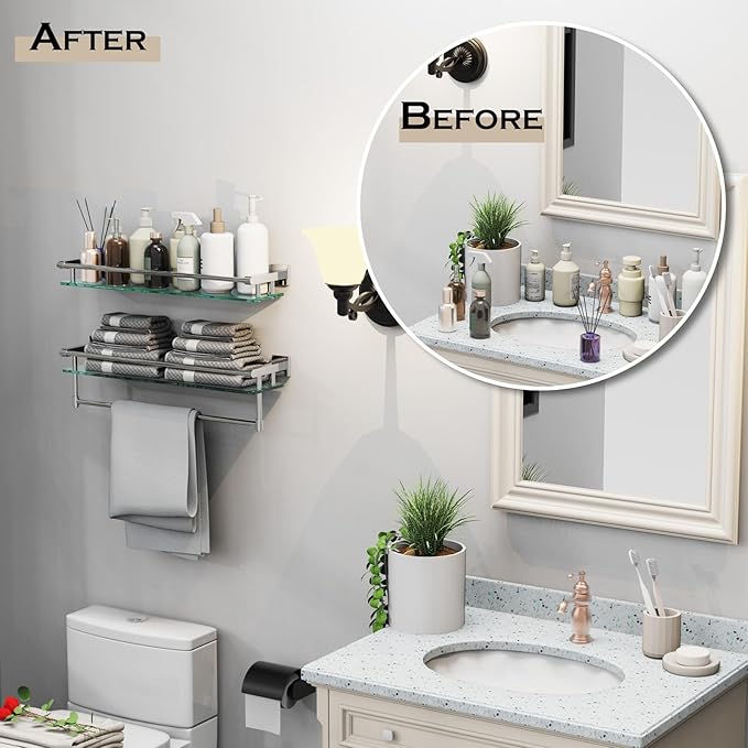 SFGSOWOR Glass Shelf for Bathroom Wall Sheves 24 inches Rectangular Stainless Steel Tempered Glass Modern Wall Mount Accessories Organizers Storage (Chrome Polished, 24‘’)