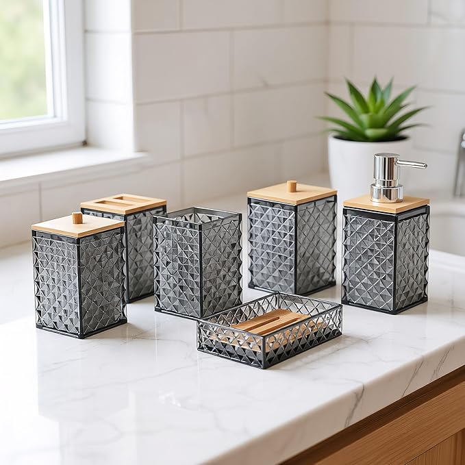 Bathroom Accessory Set,6 Pcs Gray Bathroom Set Include Soap Dispenser, Qtip Holder Dispenser, Soap Dish,Toothbrush Holder & Mouthwash Cup.Boho Bathroom Set