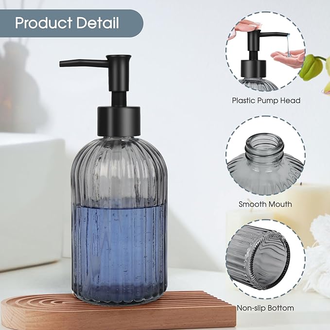 Topsky 2 Pack Glass Soap Dispenser with Plastic Pump,400ml Liquid Hand Soap Dispenser,Rustproof Pump for Kitchen & Bathroom,Great for Lotions,Essential Oil,Liquid Soaps,Gray