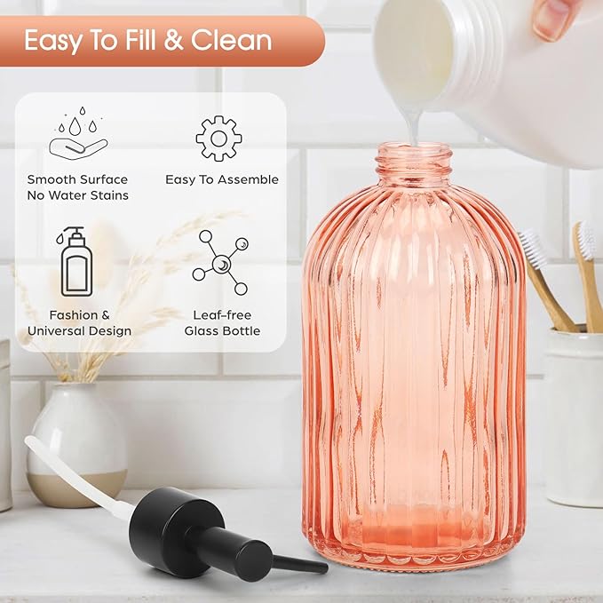 Topsky 2 Pack Glass Soap Dispenser with Black Plastic Pump, 400ml Liquid Hand Soap Dispenser, Rustproof Pump for Kitchen & Bathroom, Great for Lotions, Essential Oil, Liquid Soaps-Pinkish Orange