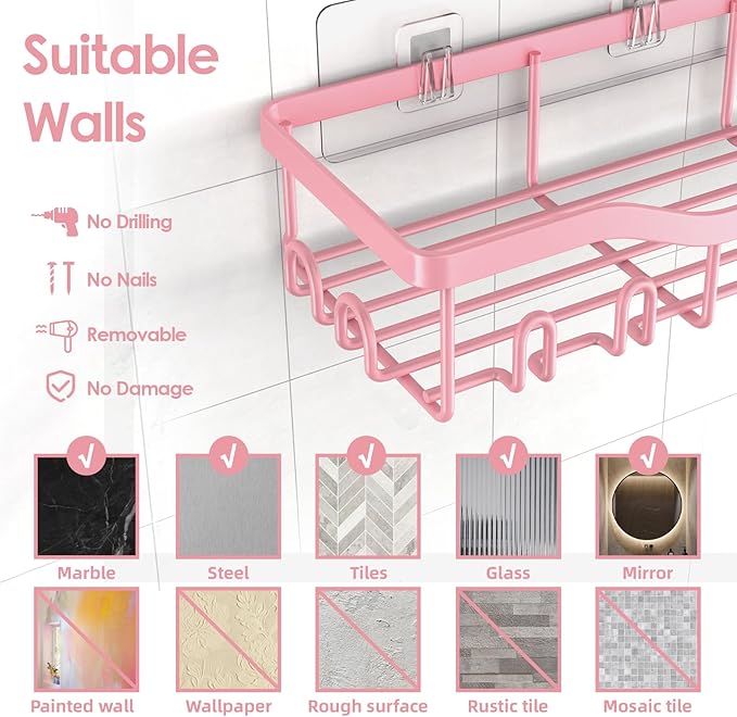 Shower Caddy Adhesive Shower Organizer 7-Pack, Rustproof Stainless Steel Bathroom Shelves, Large Capacity No-Drill Rack Storage Accessories with Soap Dish Toothbrush Holder Hooks