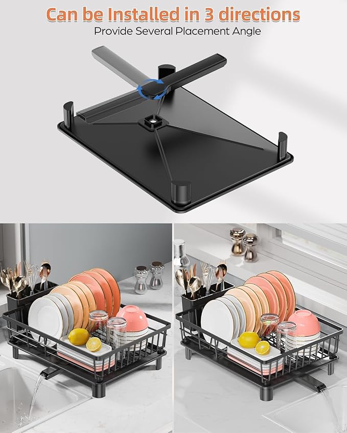 Dish Drying Rack for Kitchen Counter, Stainless Steel Drainer Anti Rust, Smart Drainage System Drainboard with Detachable Cutlery Holder, Handwash Dish Helper for Home, Apartment Space Saving