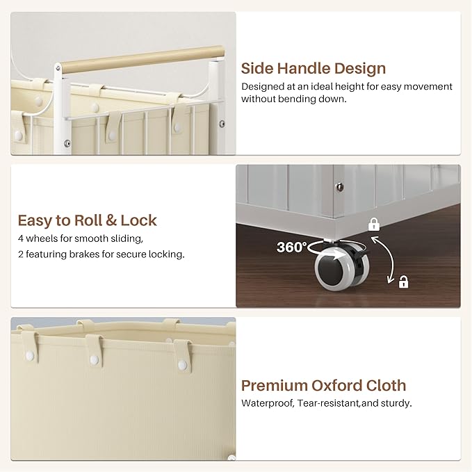 Laundry Hamper with Wheels,Laundry Basket with Wooden handle, Laundry Sorter with Removable Liner Bag,Suitable for Laundry Room, Bedroom,Bedroom(Beige, 78L)