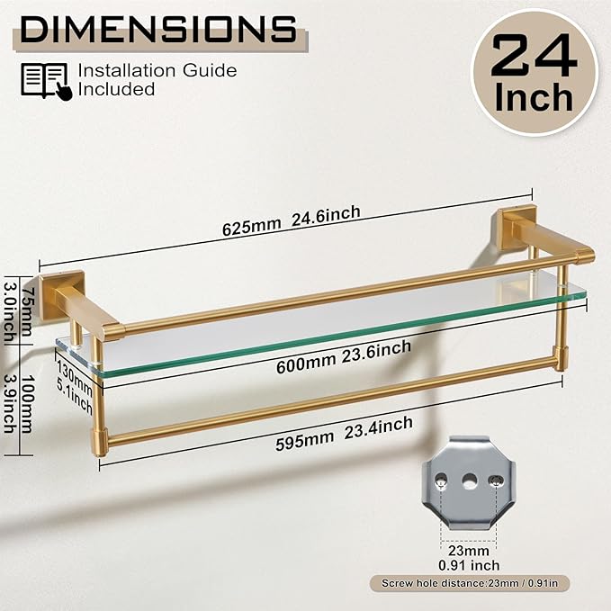 SFGSOWOR Bathroom Glass Shelf with Towel Bar/Rack 24 inches Wall-Mounted Shelves Tempered Glass Sink Toilet Organizer Shower Towel Decorative Storage (Polished Gold Finish)