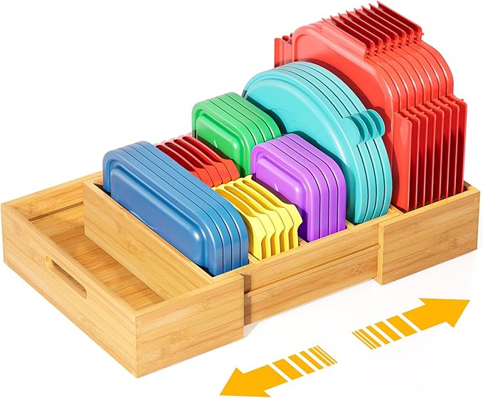 Expandable Bamboo Lid Organizers Inside Cabinet, Kitchen Cabinet Organizers with 3 Adjustable Dividers, Storage Plastic Lids, Food Container Lid Holder Organizer for Drawer Pantry, Nature