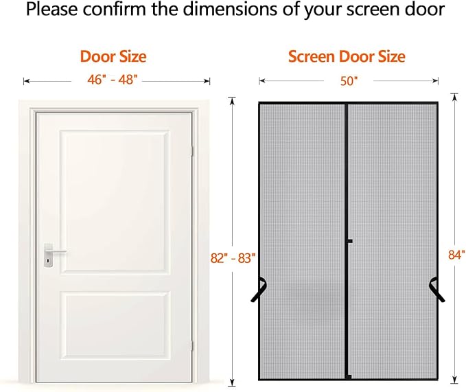 Sunolga 50 x 84 Inch Magnetic Screen Door, Fits Doors Size 48 x 83 Inch, Reinforced Fiberglass Screen Door Mesh with Full Frame Hook & Loop, Door Screen Magnetic Closure for Hands-Free