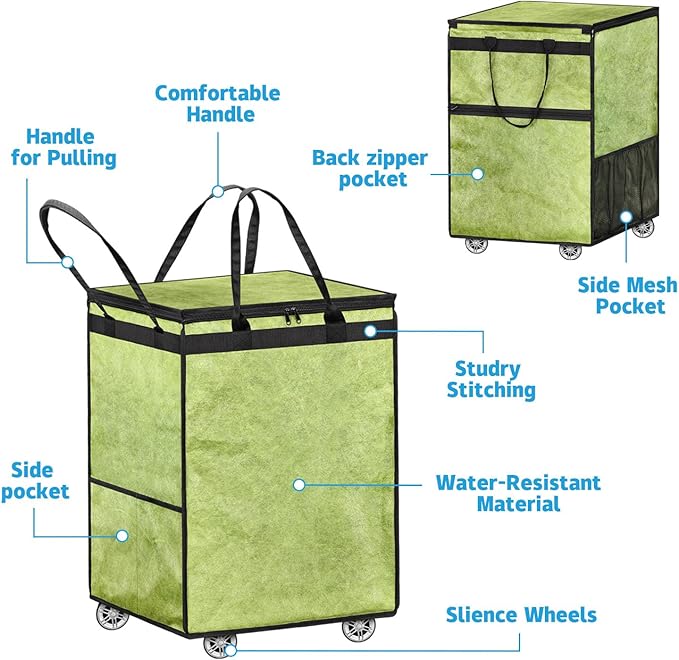 Boczif Large Laundry Basket Hamper Bag, Reusable Grocery Bag Collapsible Cart with Wheels and Handle, Rolling Tote Shopping Bags Storage Organizer for Clothes & Groceries, Trip, Sports, Picnic (Green)