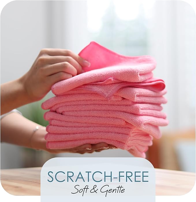 Hearth & Harbor Microfiber Cleaning Cloth Microfiber Towels for Cars 24 Pack Washcloths Pink Cleaning Rags Reusable Microfiber Towel Microfiber Cloth Rags Lint Free Cloth 12Inchesx12Inches