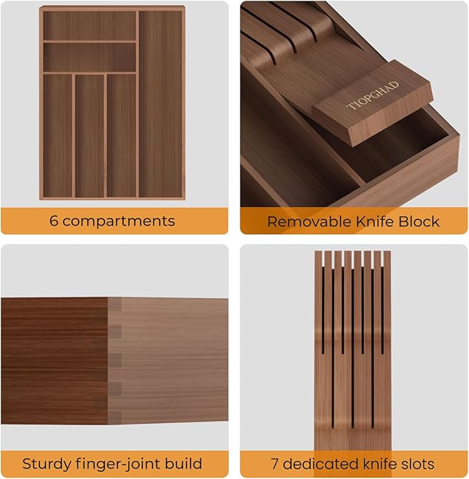 Small-Bamboo-Silverware-Drawer-Organizer, Expandable Utensil Kitchen Cutlery Tray Flatware Organization Wood Tableware Dividers Storage (with Removable Knife Block)(Brown)