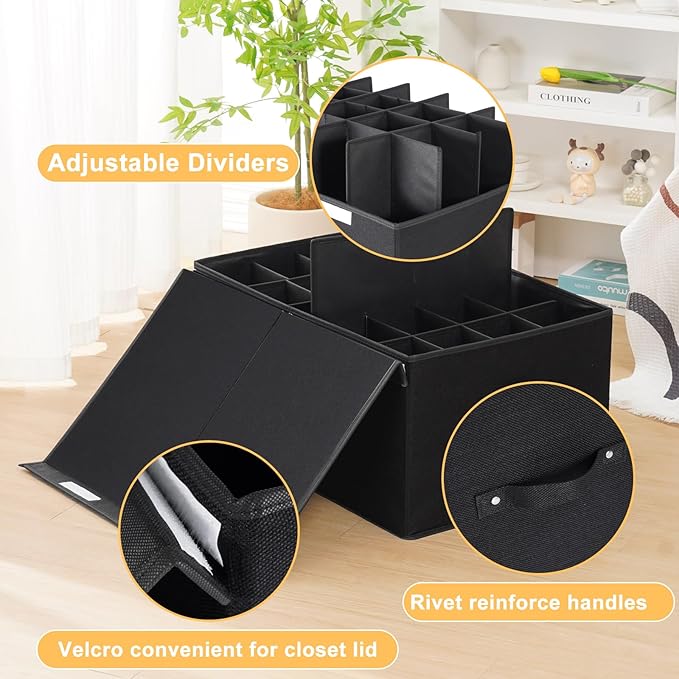 Large Shoe Organizer for Closet Fits 20 Pairs, Shoe Storage Box Bins Containers with Lid and Adjustable Dividers for Shoes, Sneakers and High Heeled, Hard Shell and Stackable （Black）