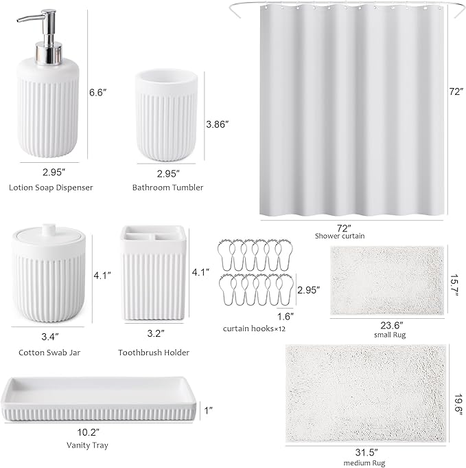White Bathroom Sets with Shower Curtain and Rugs, 8-Piece Resin Bathroom Accessories Sets Complete with Soap Dispenser, Toothbrush Holder, Tumbler, Tray & Cotton Swab Jars Bathroom Essentials