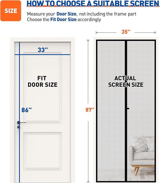 MAGZO Magnetic Screen Door, Fits Door Size 33 x 86 Inches, Actual Screen Size 35 x 87 Inches Reinforced Fiberglass Mesh Curtain for Dutch and Entry Entrance Mesh with Full Frame Hook & Loop, Gray