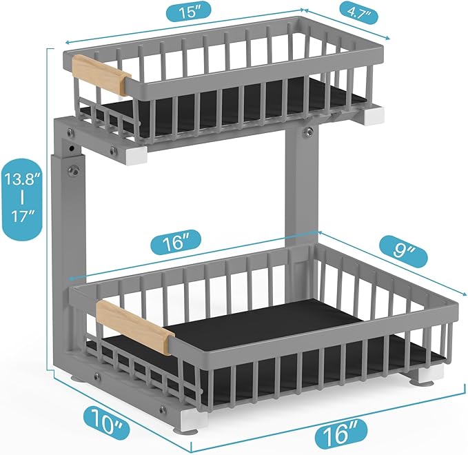 Jusdyrack Under Sink Organizer, 2 Packs 2 Tier Gray Under Sink Organizers and Storage, Slide Out Pull Out Cabinet Organizer Shelf, Metal Sliding Drawer for Kitchen Bathroom Cabinet Organization Rack