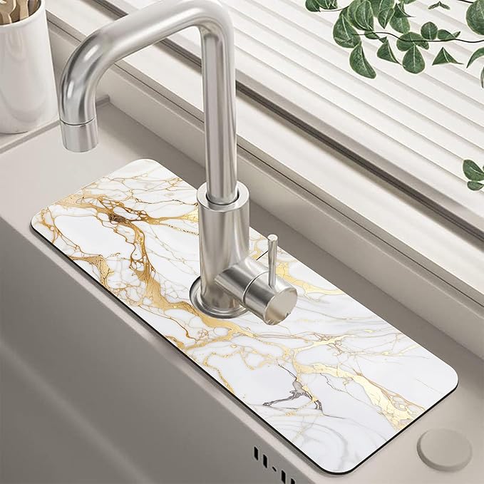 Kitchen Sink Splash Guard Faucet Mat Super Absorbent Fast Drying Mat Guard Behind Faucet Drip Catcher for Kitchen Bathroom (Gray Gold Marble, 23.5"X5.5")