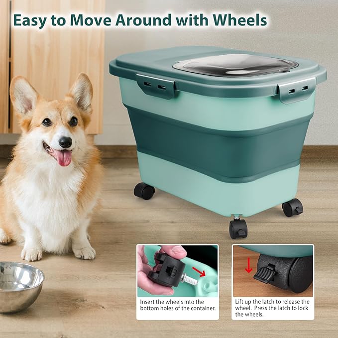Dog Food Storage Container, 10-20Lbs Collapsible Pet Food Storage Containers with Rolling Wheel Airtight Locking Lid, Dry Food Storage Bin with Cup and Scoop,Suitable for Pet Food, Flour, Rice