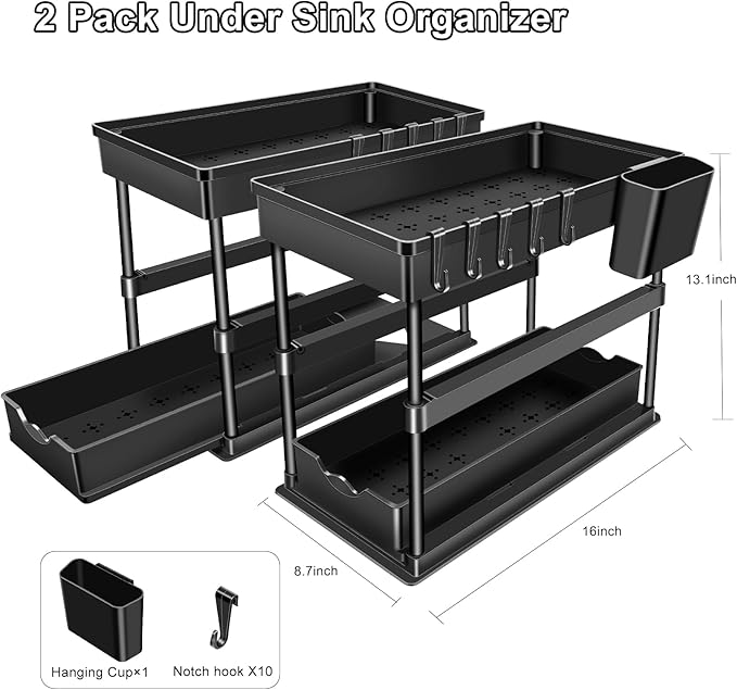 JPart Under Sink Organizer, Kitchen Organizers and Storage, 2-Tier Bathroom Cabinet Organizer with Sliding Drawers, Thickened Construction with Hooks Hanging Cup for Kitchen & Bathroom, 2 Pack