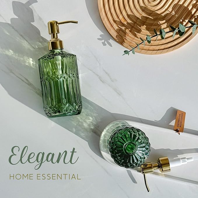 JASAI 2Pack 18Oz Green Glass Soap Dispenser with Gold Rust Proof Pump, Refillable Dish Soap Dispenser for Kitchen, Bathroom Soap Dispenser for Hand soap, Lotion, Body Wash, Dish Soap.