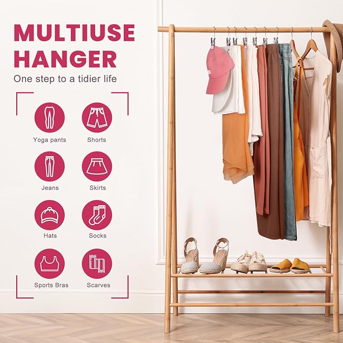 30 Pack Pants Hangers with Clip,Legging Organizer for Closet Hanging, Space Saving Yoga Pants Hangers Clip Hanger Wardrobe Organization,Closet Organizers and Storage for Jeans,Shorts,Skirts,Hats-Pink