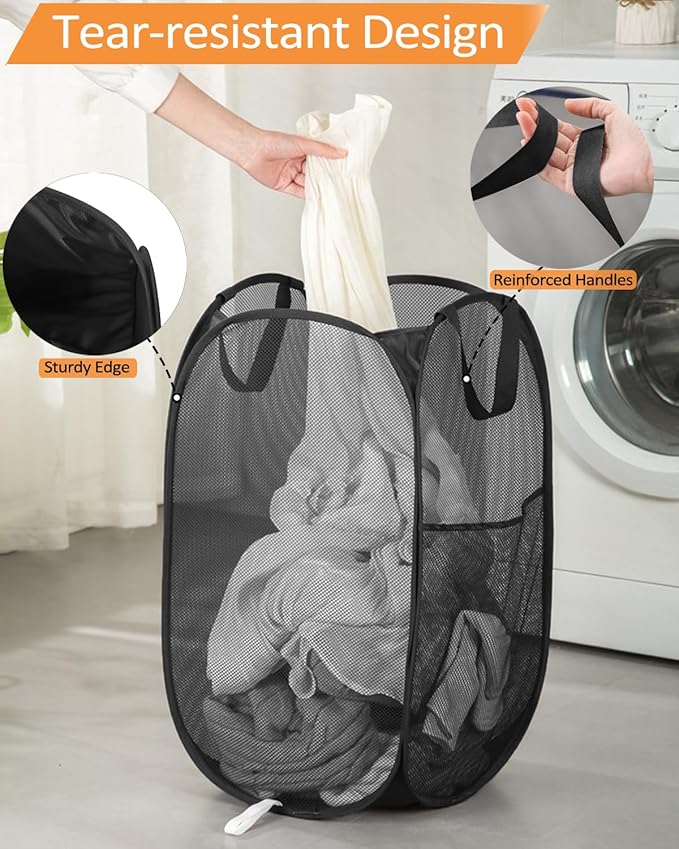 Durable Collapsible Laundry Baskets, Upgrade Foldable Pop Up Hamper for Laundry, Mesh Clothes Hamper with Side Pocket, Reinforced Carry Handles for Laundry, Bathroom, Kids Room, Dorm or Travel Black