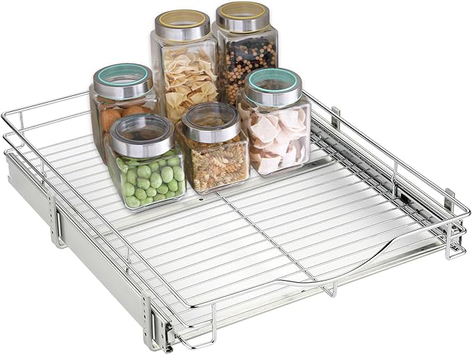 DINDON Pull Out Cabinet Organizer, (17" W x 21" D) Heavy-Duty Metal Sliding Drawer Shelf, Bathroom Under Sink Kitchen Cabinets Organizer and Storage Slide Out Shelves, Chrome, 1 Tier, 2 Pack