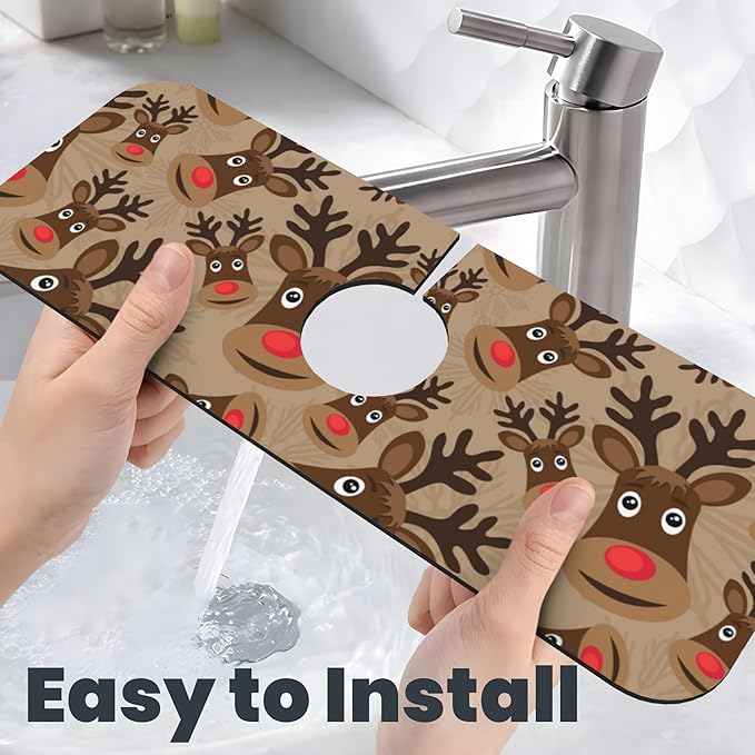 3Pcs Christmas Reindeer Dish Drying Mat & Kitchen Sink Splash Guard Faucet Mat For Kitchen Counter Absorbent Microfiber Dishes Pad Dish Drainer Rack Mats Fast Dry Kitchen Accessories