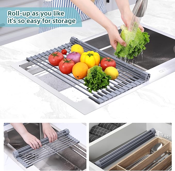 Ohuhu Roll Up Dish Drying Rack, Over The Sink Multipurpose Roll-Up Dish Racks, 16.5" W x 13" L Rolling Heat-Resistant Anti-Slip Silicone Coated Dish Drainer Portable Foldable for Kitchen Counter