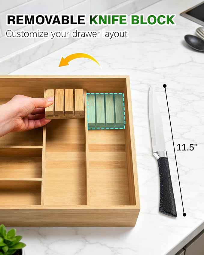 HULISEN Silverware Drawer Organizer with Sliding Top Tray, Double Layer Bamboo Utensil Organizer with Removable Knife Holder, Space-Saving Cutlery Organizer for Kitchen Drawers