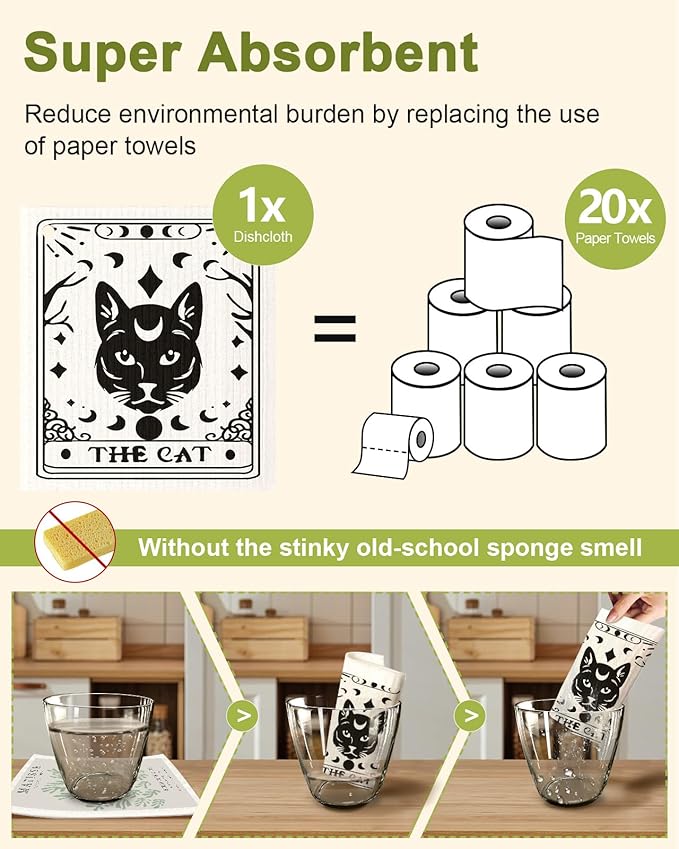 8 Pack Reusable Kitchen Dishcloths - Absorbent, Fast Drying, Washable Swedish Towels with Cute Black Skull Design
