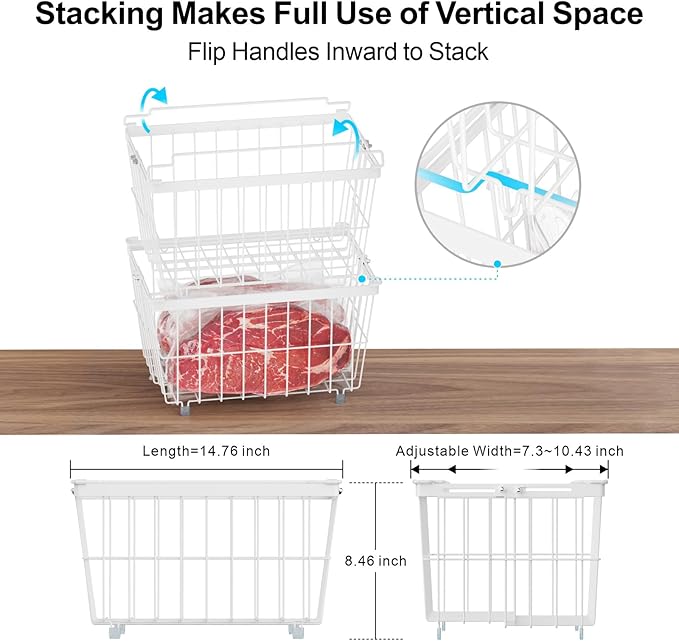 iSPECLE Freezer Organizer Bins - 4 Pack Adjustable Width for 5 to 7 Cu.Ft Chest Freezers, Stackable Wire Storage Baskets for Deep Freezer Organization, Assembly Required, White