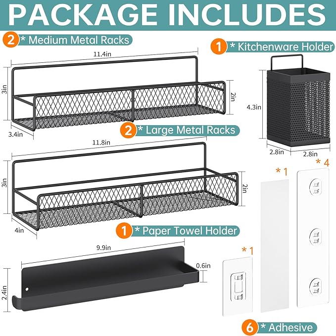 DTUQTX Spice Rack Wall Mounted 6 Pack: 100% Metal & Strong Adhesive Spice Organization for Kitchen Cabinet/Pantry Door, No Drill Hanging Seasoning Organizer with Paper Towel Holder, Utensil Caddy