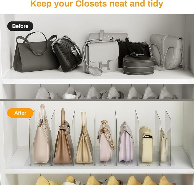 Purse Organizer for Closet Organizers and Storage, Adjustable Clear Shelf Dividers for Purse Organizer for Closet, Closet Shelf Organizer Suitable for Bookshelf Dividers, Bedroom, Offices(4 Set-Small)