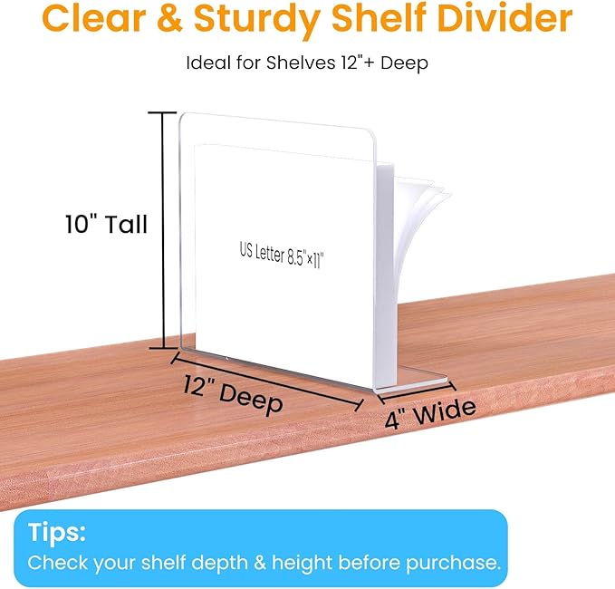 Shelf Dividers for Closet Organization – Acrylic Clear Sturdy Dividers to Keep Clothes, Sweaters & Purses Upright, Free-Standing for Wood Shelves, 10" Tall x 12" Deep, 10 Pack