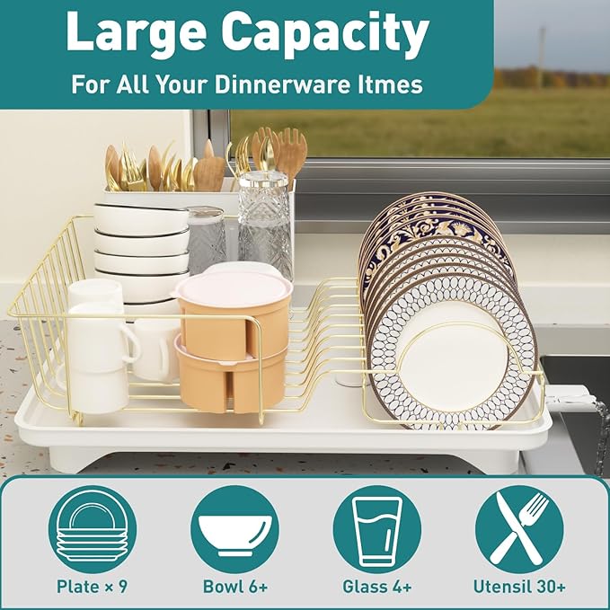 Buruis Dish Drying Rack for Kitchen Countertop, Large Capacity Gold Stainless Steel Dish Drainer with Anti-Slip Rubber Feet, Removable Drain Board and Utensil Holder (White Tray)