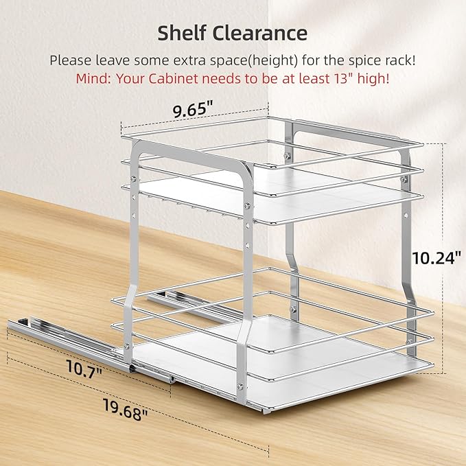 Pull Out Spice Rack Organizer for Inside Cabinet, 2 Tier Metal Spice Organization for Cabinet, Vertical Slide Out Seasoning Organizer, 9.65"W x 10.7"D x 10.24" H (Not for Cabinet with Lip)