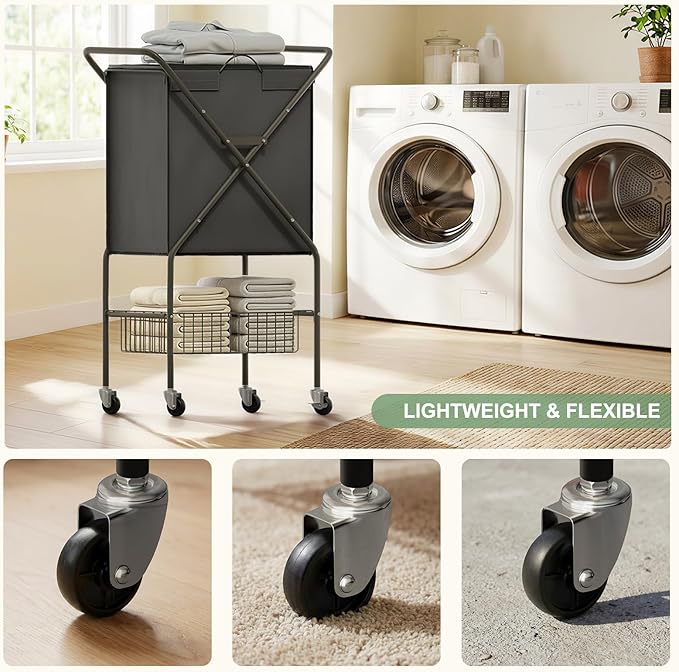 Laundry Basket with Wheels:88L Rolling Laundry Cart Foldable Metal Frame Dirty Clothes Laundry Hamper 36"H 4 Caster 2 Brake Waterproof Removable Liner Carry Handle for Dorm Laundry Room,Gray